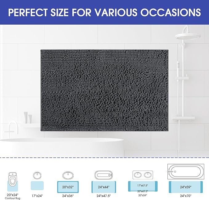 ACCUMTEK Striped Grey Bathroom Rug Mat 24"x17" Ultra Soft, Non Slip Chenille Bath Rugs, Absorbent Plush Shaggy Bath Mats for Bathroom, Bedroom, Kitchen, Shower, Tub,Dark Gray, Charcoal