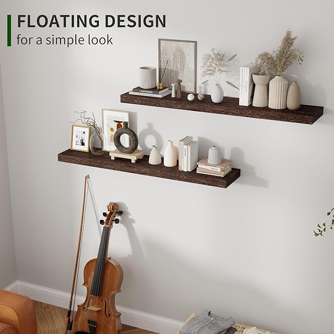 Marsmiles Wood Floating Shelves for Wall Set of 2, 36 Inch Wide Rustic Wooden Floating Shelves, Invisible Wall Mounted Display for Living Room Bedroom Kitchen Bathroom Office, Rustic Brown