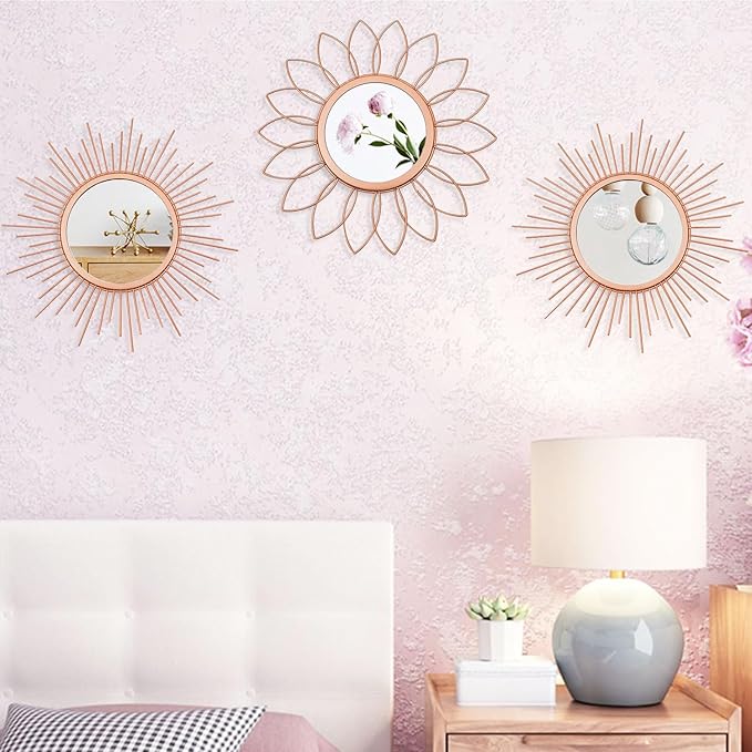 3 Pack Metal Mirrors for Wall Sunburst Wall Mirrors Home Décor Decorative Hanging Wall Art for Living Room Bedroom Entryway (Rose Gold, Flower+Sunburst)