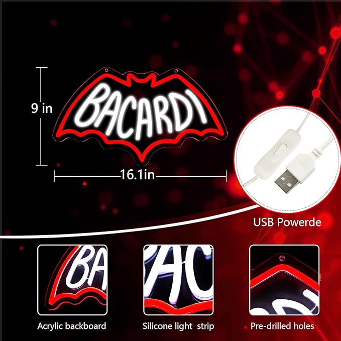 Bacardi Rum neon commercial sign for store wall decor,USB Powered Neon Bar Signs,Neon Lights for Man Cave, Bedroom, Home Bar, Store, Club, Bistro, Party, Gifts (Bar)