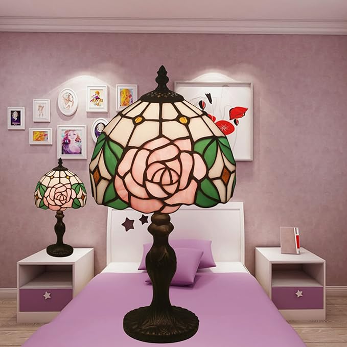 8" Tiffany Style Pink Rose Lamp,Tiffany Style Table Lamp for Girl Bedroom Bedside Lamps,Stained Glass Lamp,Lover Girlfriend Gift