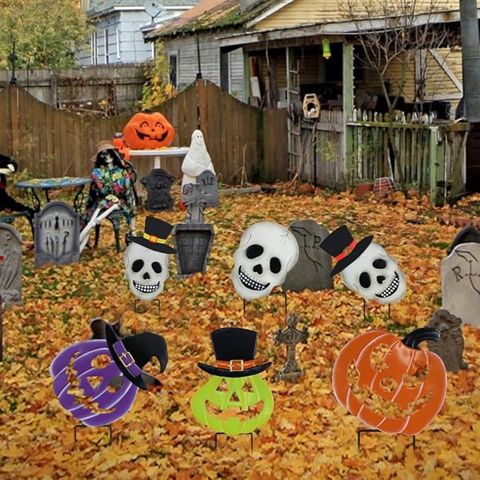 hogardeck Halloween Decorations Outdoor, 2PCS Stacked Skull Pumpkin Decorative Garden Stakes for Halloween Decor, Metal Yard Signs for Outside Garden Lawn Porch Party Decorations