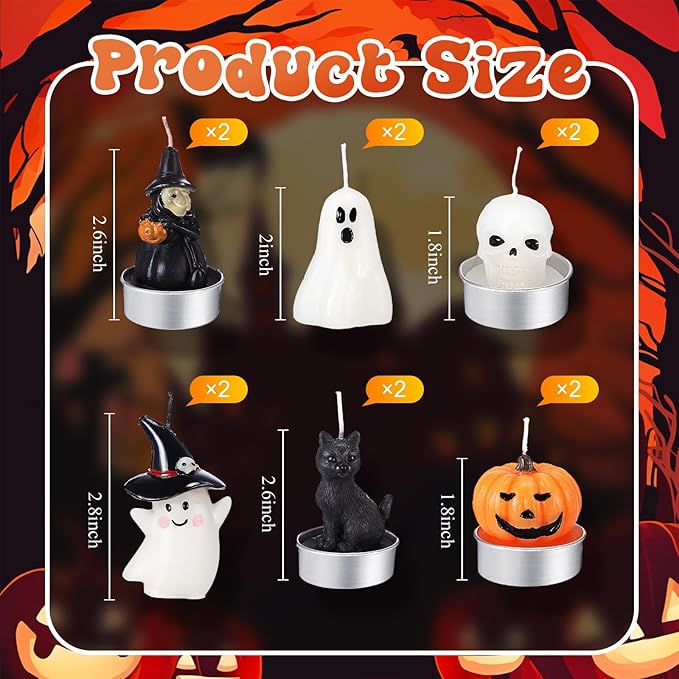 12 PCS Halloween Decoration Ghost Candles Pumpkin Skeleton Cat Witch Cute Mini Candles White Soy Wax Horror Tea Lights Spooky Set for Autumn Halloween Party Home Decorations