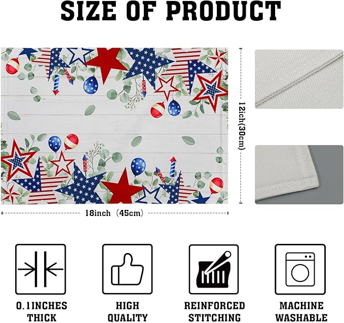 4th of July Placemats Set of 4 Patriotic America Flag Stars Rectangle Table Mats 12x18 Inch Country Rustic Holiday Kitchen Dining Home Outdoor Party Table Decoration