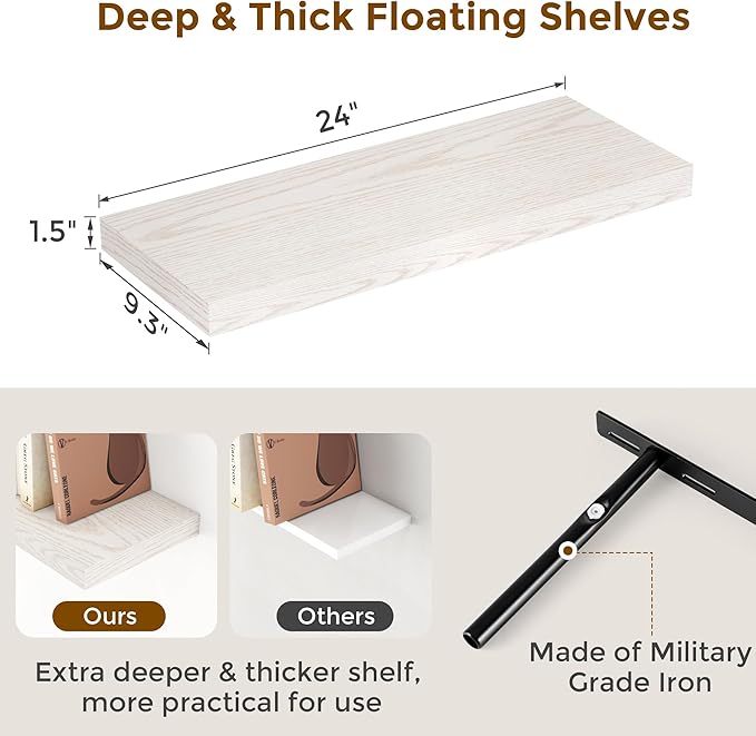 Fun Memories 24W x 9.3D Floating Shelves, 9.3" Deep Wall Shelves Set of 2, Farmhouse Rustic Wood Shelf 24 Inch Long, Large Display & Storage Shelves for Book, Living Room, Bathroom, Kitchen - Brich