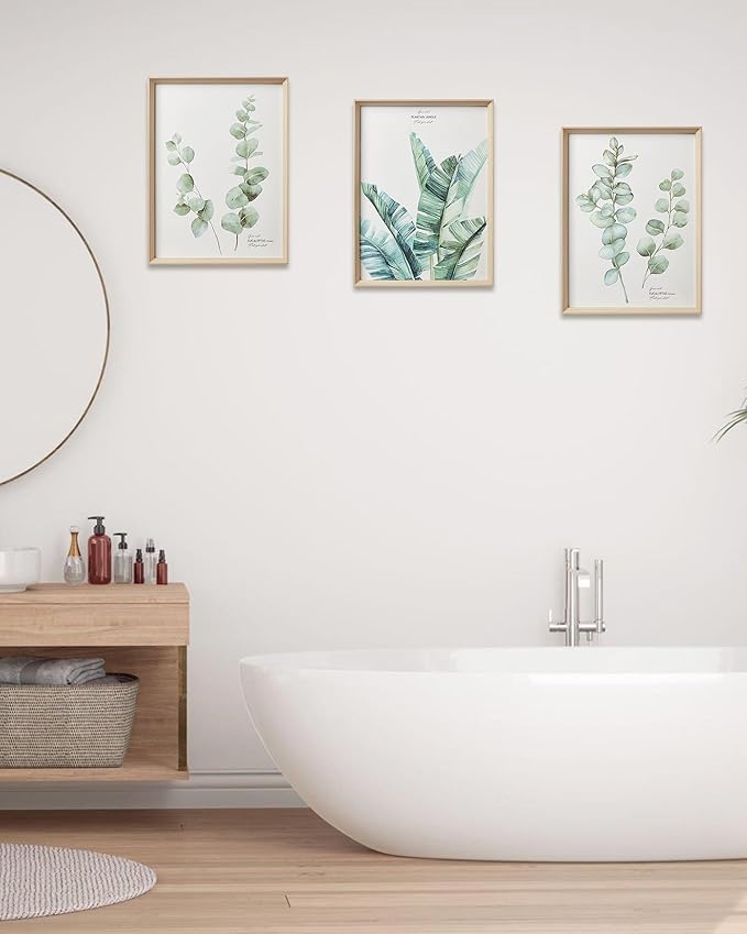 Framed Wall Art,Minimalist Botanical Canvas Wall Art for Living Room,12x16in Plant Wood High-Framed Design Flower Green Eucalyptus Leaf Artworks Prints Poster for Bathroom,Bedroom Set of 3