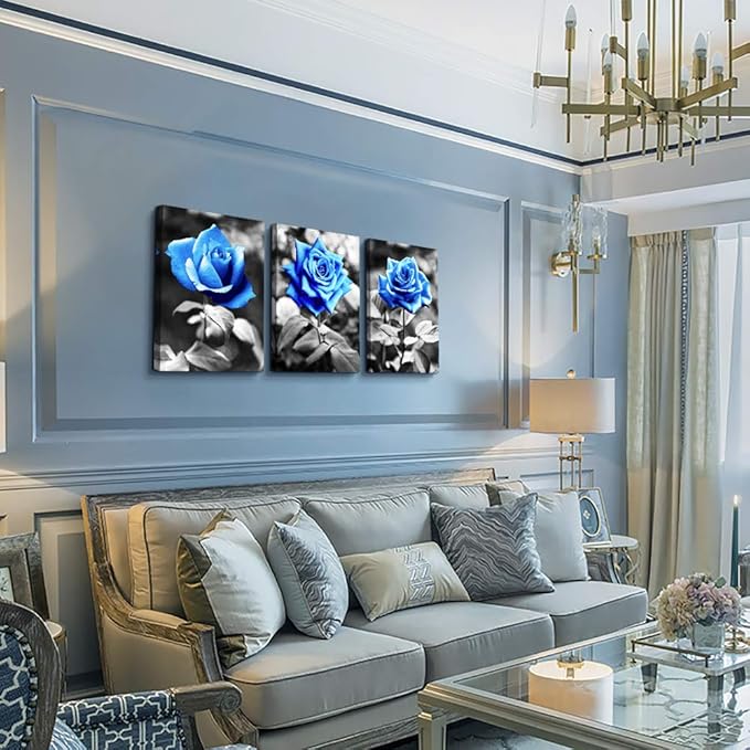 bedroom Wall Art for living room bathroom Wall Decor for kitchen family pictures artwork Black and white Blue rose flowers Canvas paintings 16" x 24" 3 Pieces framed Modern office Home decorations