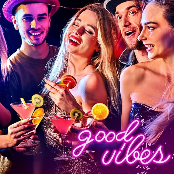 DECANIT Good Vibes Neon Sign for Wall Decor Powered by USB Neon Light for Bedroom Decor, Pink Color,16.1"x 8.3"x 0.6"
