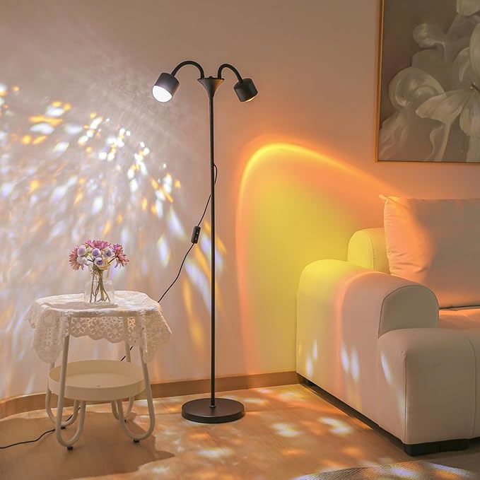 Sunset Floor Lamp Projector with 3D Ocean Wave, Colors Changing, Double headed RGB sunset light Double Side Lighting,Creative DIY Mode, 360° Rotation Atmosphere Lamp for Bedroom mood lighting black
