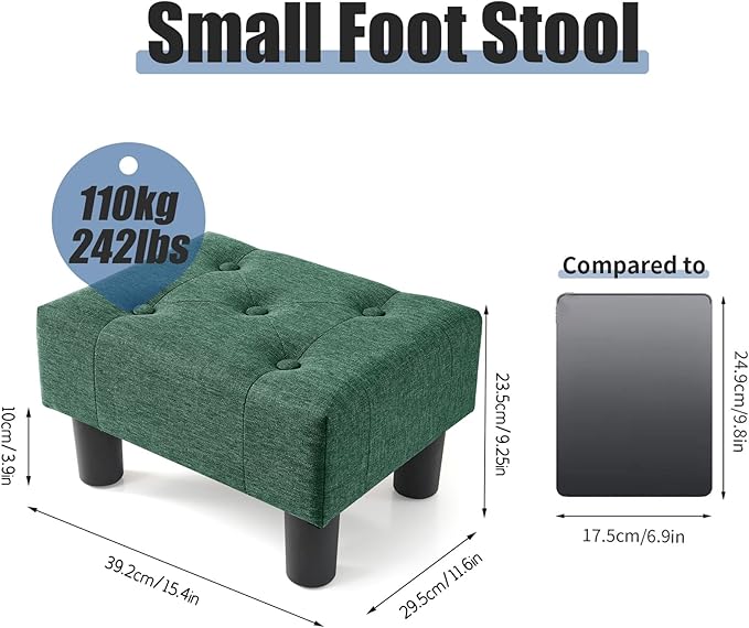 BRIAN & DANY Small Foot Stool, Linen Foot Stools with Legs, Stable Small Footstool for Living Room, Green