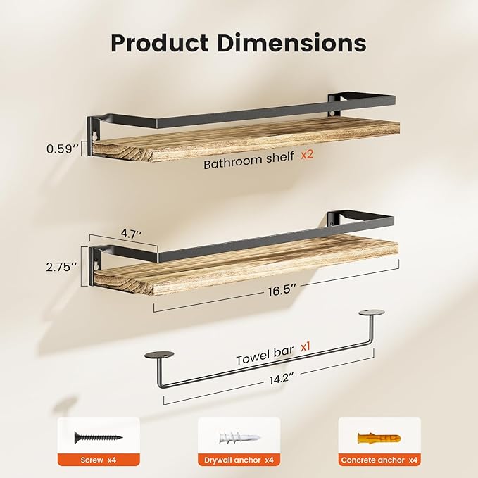 AMADA HOMEFURNISHING Bathroom Shelves with Towel Bar, Floating Shelves, Wall Shelves for Bathroom/Living Room/Kitchen/Bedroom, Light Brown Shelves Set of 2 - AMFS01