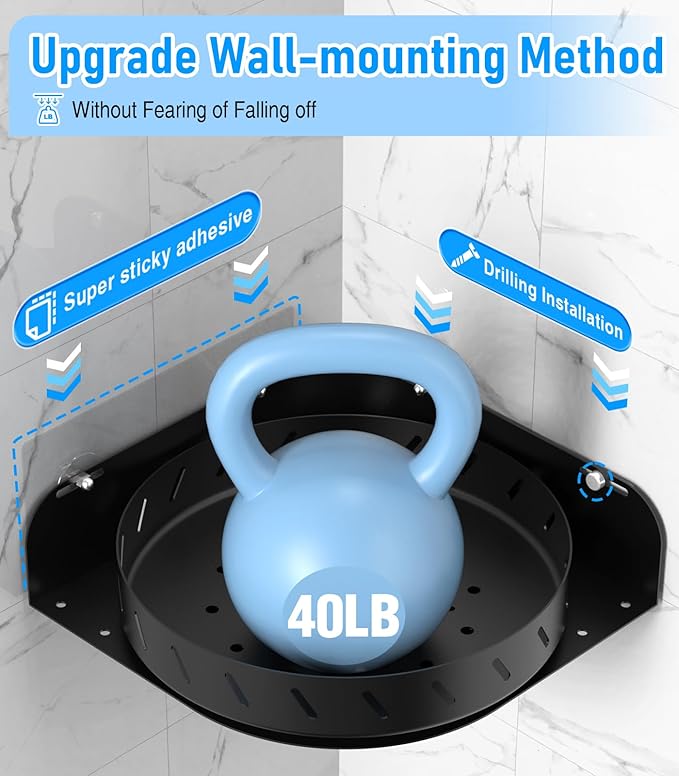360°Rotating Corner Shower Caddy Shelf With 6 Hooks,2PACK Bathroom Shower Organizer Corner with 5Pcs Adhesive,Stainless Steel Corner Shower Racks for Inside Shower for Home Apartment Decor(Black)