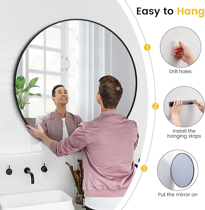 IDEALHOUSE 20 Inch Black Round Wall Mirror, Circle Mirror Metal Frame for Bathroom, Vanity, Entryway, Bedroom, Living Room, Wall Mounted Modern Rustic Decor