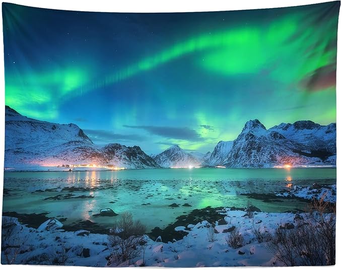 BELECO Northern Lights Wall Hanging - Aurora Borealis Tapestry 92x70 Inch Snow Mountains Lake View Starry Night Norwegian Winter Wall Decor for Living Room Bedroom Dorm