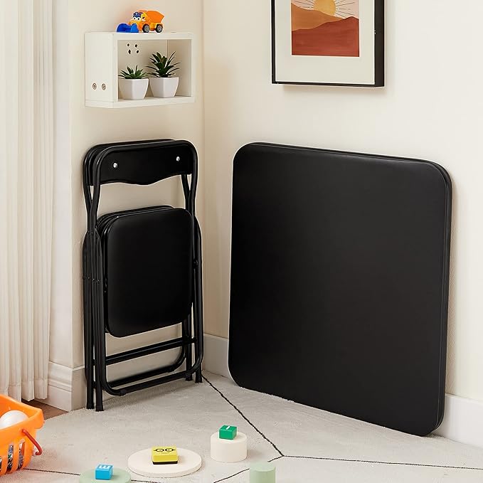 VECELO Kids Folding Activity Table & 4 Padded Chairs Portable Desk & No Assembly Required, 3 Piece Set, Black