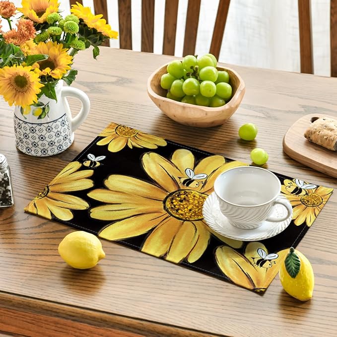 Artoid Mode Sunflower Bee Summer Placemats Set of 6, 12x18 Inch Seasonal Spring Table Mats for Party Kitchen Dining Decoration