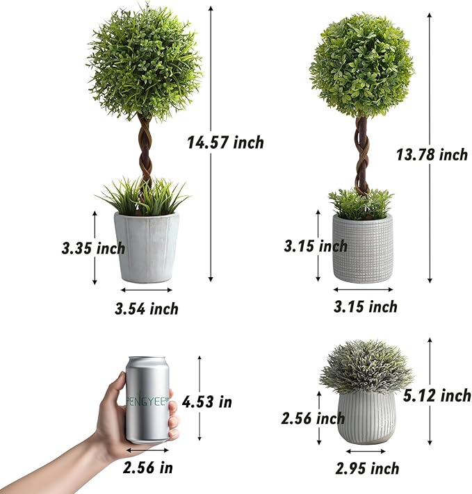 3 Pack Small Fake Plants 14.57 Inch, Small Artificial Boxwood Topiary Trees Potted in Cement Planter, Artificial Plants Indoor/Outdoor for Home Bathroom Bedroom Kitchen Office Room Decor