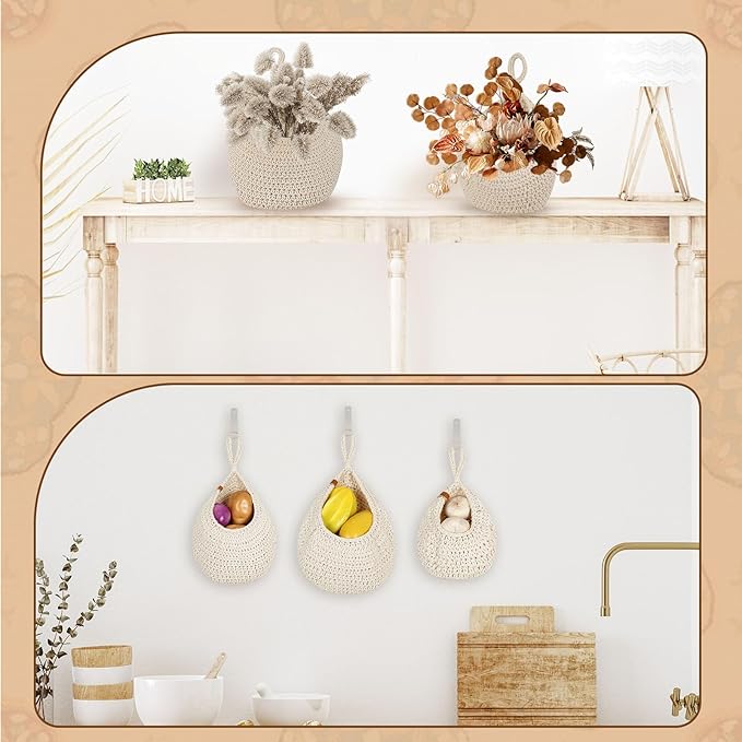Hanging Fruit Baskets for Kitchen - 6 Pack Boho Wall Hanging Basket,Handwoven Wall Fruits Basket,for Garlic Potato Vegetable Onion Teardrop Home Hanging Storage Baskets(White Classic)