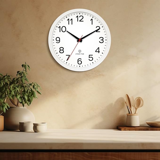 AKCISOT Atomic 10 Inch Wall Clock Analog Clocks for Indoor Kitchen-Silent Battery Operated Clock for Bedroom Office Classroom Living Room(White)