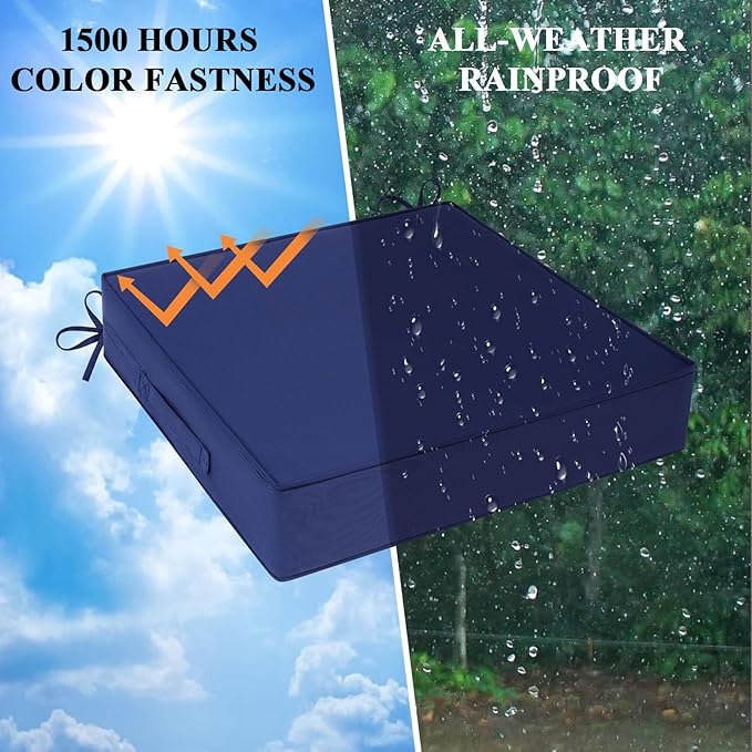 Outdoor Chair Cushions Set of 2 for Patio Furniture 24x24x4 Inch Waterproof Patio Chair Cushion 3 Year Color Fastness Square Elastic Foam Garden Sofa Couch Pads with Ties and Handle,Blue