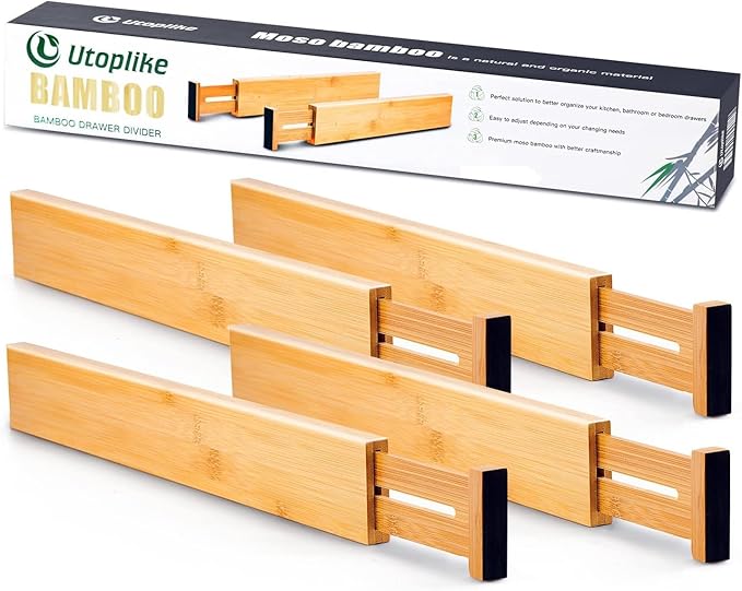 Utoplike 4 PCS Bamboo Kitchen Drawer Dividers(Fits 15"-17.7" Drawer Inner Size), Adjustable Drawer Organizers for Socks, Spring Loaded, Works in Drawer for Bedroom, Kitchen, Dresser, Bathroom, Desk