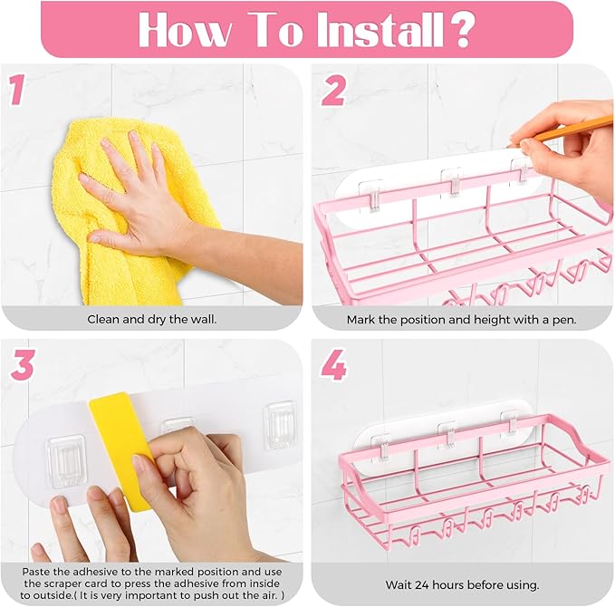 2 Pack Adhesive Shower Caddy, Rustproof Stainless Steel Shower Racks for Bathroom Organizers & Storage, Pink Wall Mounted Shower Shelves for Inside Shower Apartment Bathroom Essentials