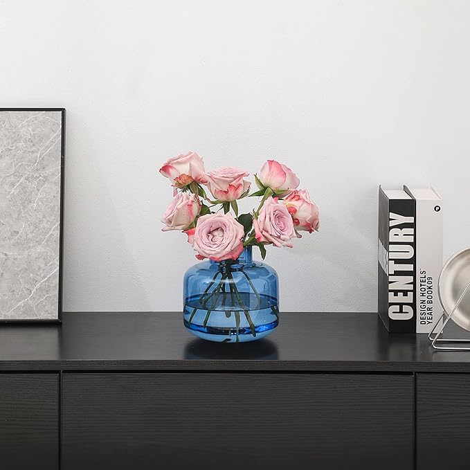 Blue Glass Vase, Short Flower Vase, Round Glass Vases for Flowers, 6 Inch Small Glass Vases for Living Room, Dining Table, Wedding, Bookshelf, Office, Coffee Table