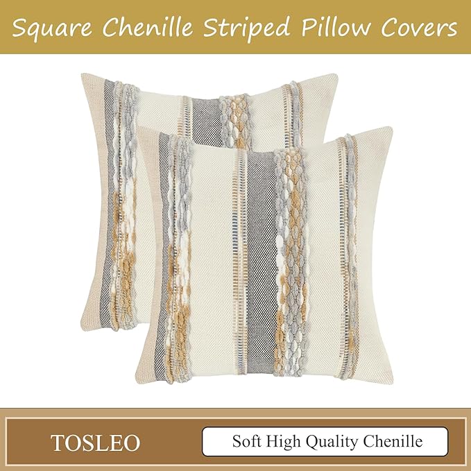 Tosleo Boho Throw Pillow Covers 18x18 Set of 2 Striped Decorative Pillow Cases Accent Chenille Pillowcases Farmhouse Cushion Case Bohemian Nuetral Textured Pillow Cover,Orange and Gray