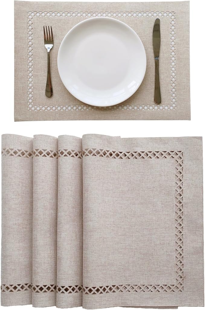 Placemats Set of 4 for Dining Table with Hollow Edge Design- Table Mats 12x 18 Inch, Cloth Place mats Machine Washable (Beige 4pcs)