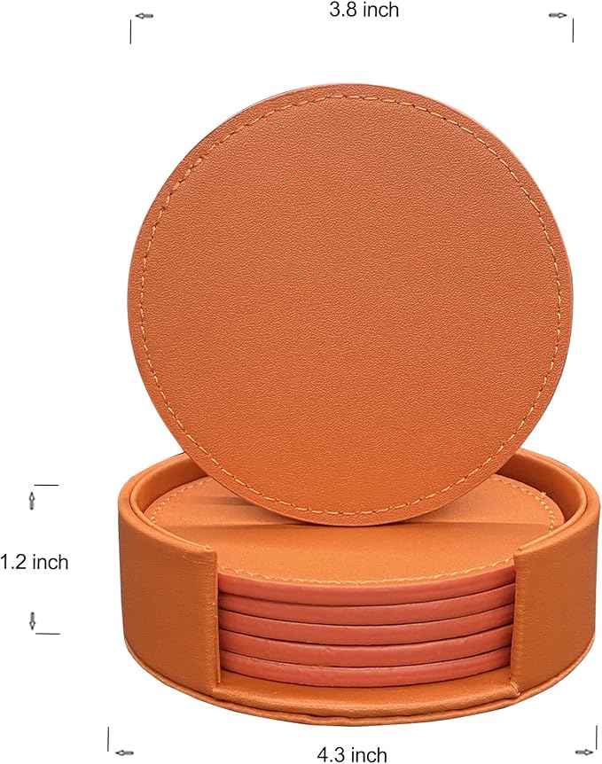 Coasters Set of 6 Soft Leather Drink Coaster Round Coaster with Sewing Around, Suitable for Various Cups, Wooden Tables,Home Decoration,4 Inches (Orange,Sewing Type)