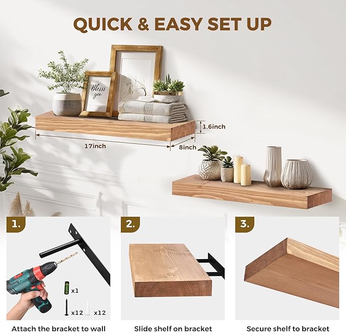 17x8x1.6 inch Floating Shelves Set of 2 – Solid Wood Rustic Oak Wall Mounted Shelf for Kitchen, Bathroom, Living Room