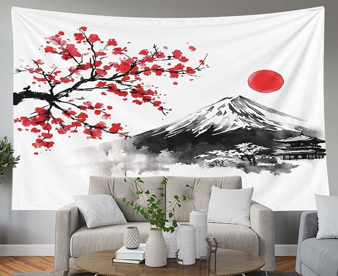 EMMTEEY Mountain Tapestry Wall Art for Bedroom 60X50 Inch-Ink Red Flowers and Fuji Mountain Durable Hanging Tapestry for Living Room