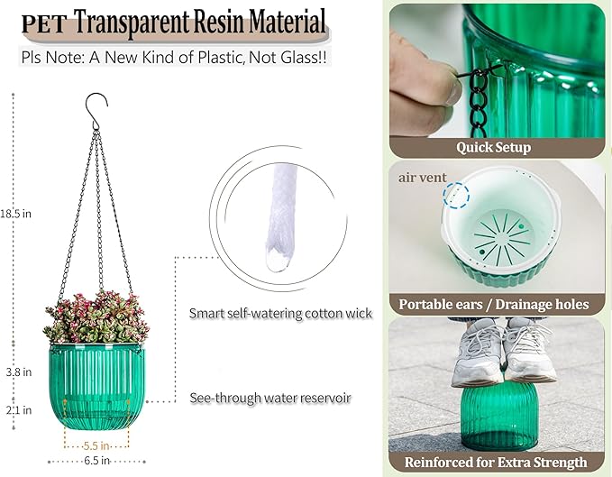 Melphoe 2 Pack Self Watering Hanging Planters Indoor Flower Pots, 6.5 Inch Outdoor Hanging Basket, Plant Hanger with 3Hooks Drainage Holes for Garden Home (Emerald)