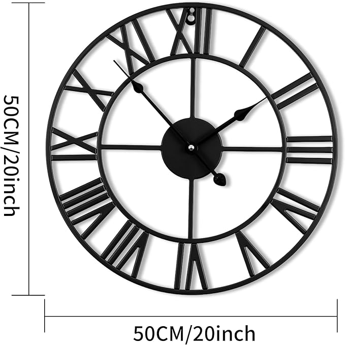 20inch/50cm Large Round Wall Clock for Living Room Decor Modern Battery Operated Silent Non Ticking Big Black Clocks for Home Farmhouse Office Cafe Decoration(Iron Roman Numerals, 20 inches)