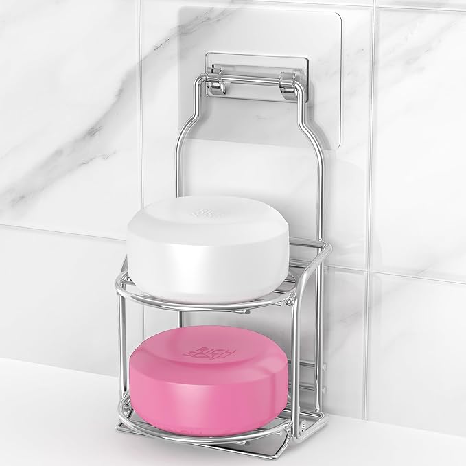 2-Tier Silver Shower Soap Shampoo Bar Holder, Self Adhesive & Freestanding Draining Soap Dish Caddy