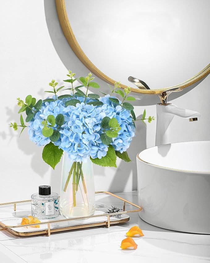Tifuly Fake Hydrangea Artificial Flowers with Vase 4pcs Real Touch Faux Hydrangea and 3pcs Eucalyptus Stems for Wedding Centerpiece Home Party Table Decoration(Blue)