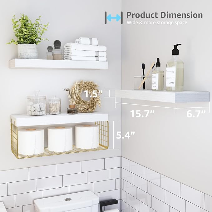 QEEIG Bathroom Shelves Over Toilet - Wall Mounted Floating Shelves Toilet Paper Storage Small Modern Decor Shelf 16 inch Set of 3, White and Gold (019-WG3)