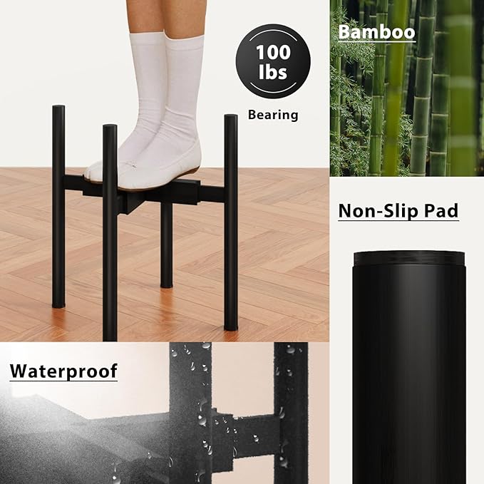 Adjustable Plant Stand Indoor, Bamboo Plant Holder 8 to 12 Inches, Small Corner Planter Stand for Indoor Plants, Single Floor Plant Stand for Living Room Balcony Bedroom, Pure Black