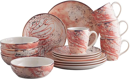 Corona 16-piece Rose Gold Modern Design Ceramic Dinnerware Sets | Plates, Bowls and Mugs | Service For 4 | Amani