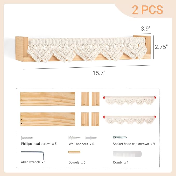 Mkono Macrame Floating Shelves Boho Wall Decor Set of 2 Natural Wood Hanging Storage Shelf for Bedroom Bathroom Living Room Nursery Dorm Room, Display Shelving for Hanging Plants Photos
