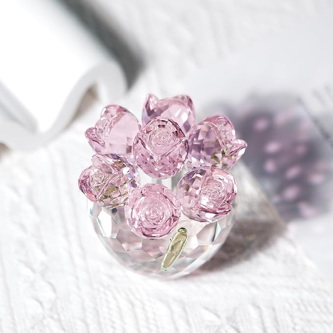 Crystal Flower Figurines- Glass Rose Home Decor - Flower Bouquet for Ladies Gifts(Pink)