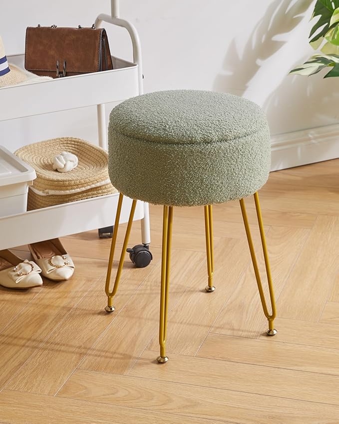 IBUYKE Teddy Velvet Storage Footrest Stool Ottoman, Makeup Vanity Stool Side Table with Removable Cover, Golden Steel Legs, Coffee Table Top Cover, Light Green WBD010D