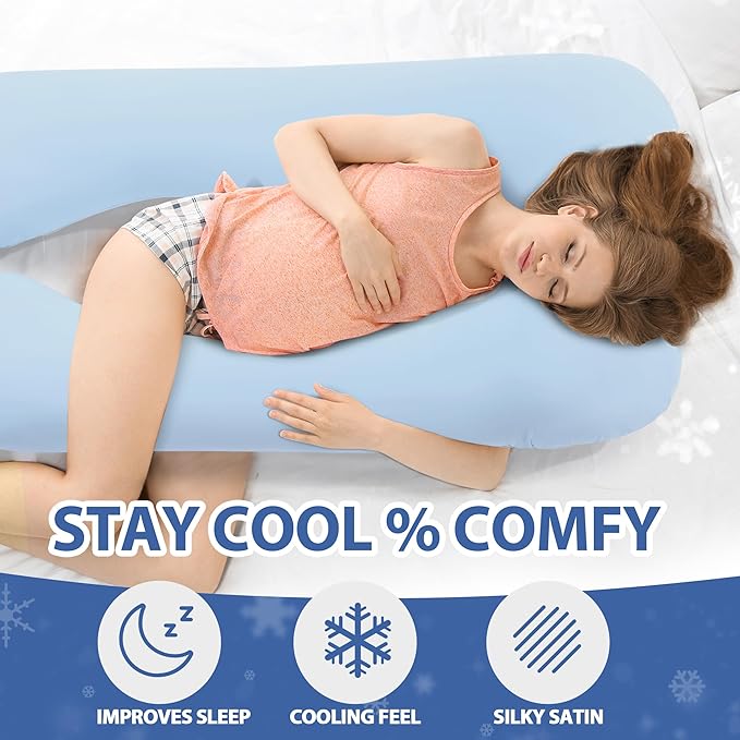 Cooling Pregnancy Pillow Cover (ONLY Pillowcase), Q-Max 0.4 U Shaped Luxurious Smooth Maternity Pillow Cover with Hidden Zip, Cool Large Pillow Protector for Side Hot Sleeper, Blue, 61x31 in
