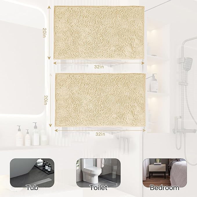 Bathroom Rugs Sets 2 Piece Washable, Luxury ,Chenille Bath Mat Set, Soft Plush Anti-Slip Rectangular Bath, Rug Super Absorbent. (Milk White, 32"x20"+32"x20")