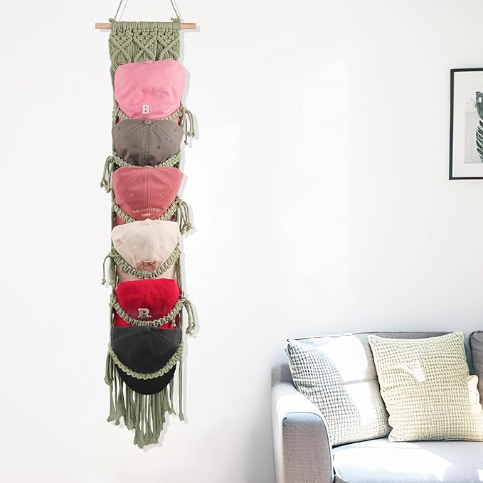 2PCS Macrame Cap Holders Boho Hat Hangers Over Door Ball Cap Rack Organizer Decorative Bohemian Handmade Woven Wall Hanging for Baseball Cap Display Decoration (Green, Up to 24 Caps)