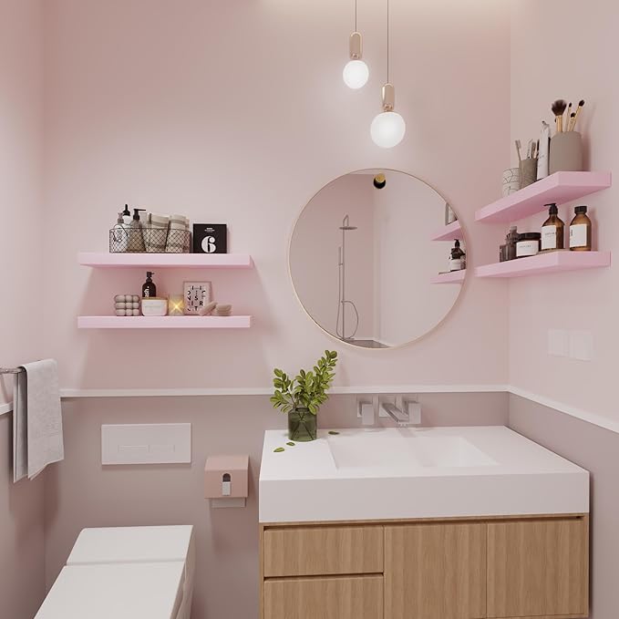 Pink Floating Shelves for Wall - 17 Inch Natural Wood Shelves for Bathroom, Bedroom, Kitchen Decor, Farmhouse Decor Set of 2