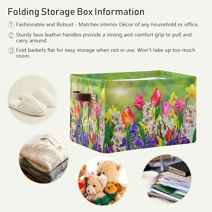 Wamika Spring Tulip Lavender Flowers Storage Basket Fabric Laundry Baskets Green Leaves Herbs Storage Boxes Organizer Bag for Baby Cloth Dog Toy Book Storage Cubes Shelf Closet Bins 16x12x8 Inches