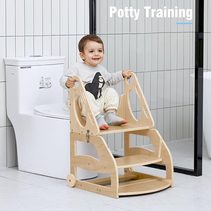 Toddler Step Stool, 2 in 1 Wooden Step Stool for Toddler, Adjustable Toddler Step Stool with Handles and Wheels, Convertible Kids Table and Stool Set