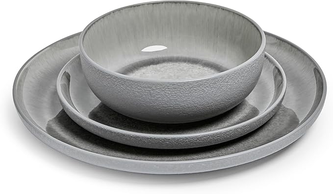 Sango Asher 12-Piece Stoneware Dinnerware Set – Service for 4, Modern Gray with Reactive Glaze, Perfect for Everyday Dining & Entertainment, Microwave & Dishwasher Safe