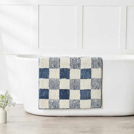 CozeCube Blue Checkered Bath mats for Bathroom Non Slip, Fluffy Absorbent Microfiber Bath mat Washable, Aesthetic Bathroom Rugs, Large Bath mat for Sink, 36" x 24"